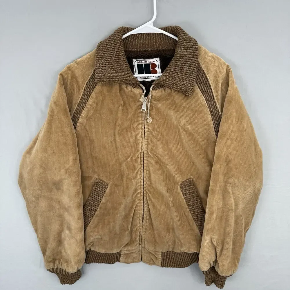 Vintage Corduroy Flight Bomber Jacket 70s Brown WIlliam Barry Sz 40 Lined Coat